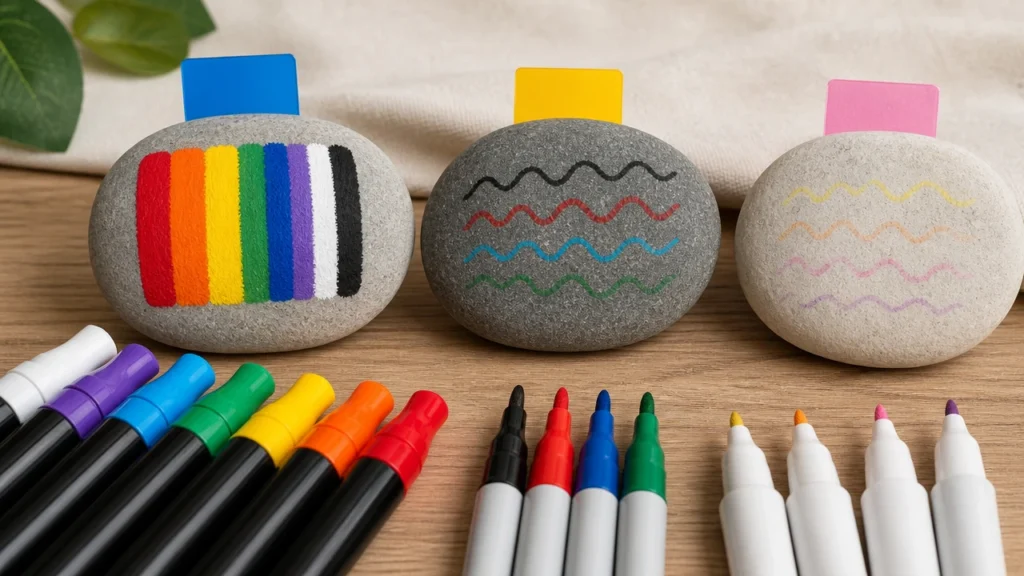Comparison of acrylic paint pens permanent markers and alcohol markers on stones