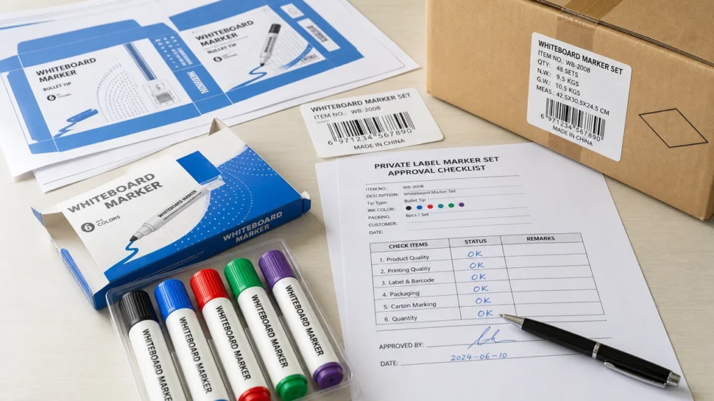 Private label marker sample approval desk with marker set packaging and signed checklist