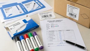 Private label marker sample approval desk with marker set packaging and signed checklist
