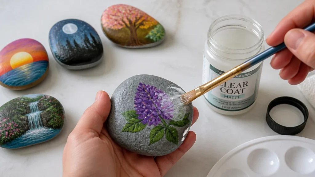 Applying clear sealer to painted rocks in thin coats