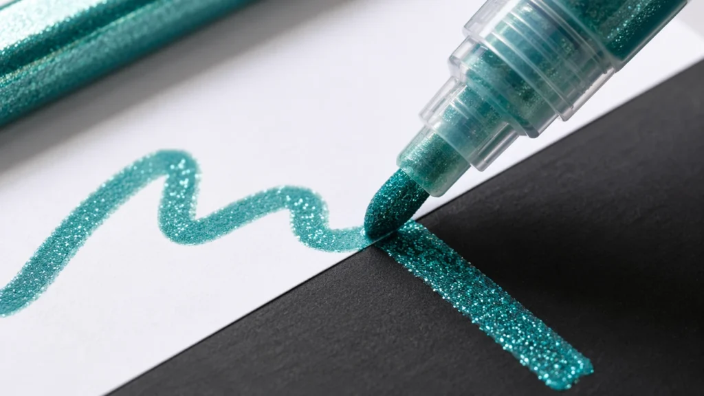 Plumín de marcador acrílico con purpurina super brillante mostrando flujo controlado de tinta brillante