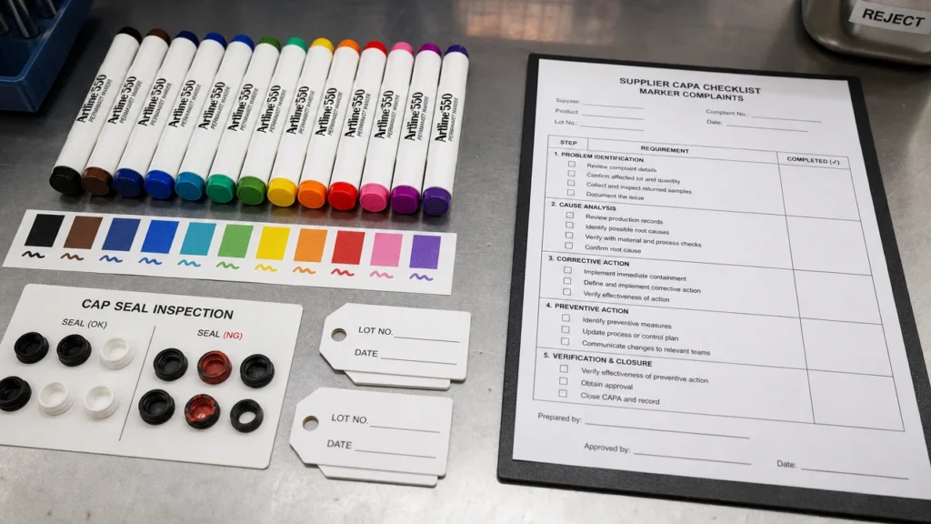 Supplier CAPA checklist for marker dry-out and color difference complaints