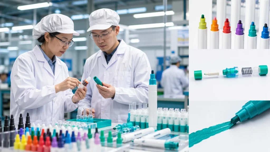 首屏主图 Professional acrylic paint marker manufacturing scene, clean modern stationery factory, engineers inspecting marker components, valve-press acrylic marker technology, premium B2B product photography, white and deep teal color palette, realistic lighting, no text, no logo 技术结构图 Macro cutaway view of an acrylic paint marker nib with internal valve-press mechanism, controlled ink flow from barrel to tip, clean technical product visualization, white background, deep navy and teal accents, realistic 3D render, no text 墨水流动特写 Extreme close-up of acrylic paint marker nib releasing opaque paint ink smoothly onto paper, controlled ink flow, high saturation, premium stationery product photography, soft natural light, clean background, no text OEM/ODM 能力图 ZH Stationery acrylic paint marker manufacturing and valve-press marker technology inspection 应用场景图 Acrylic paint markers used on rock, ceramic, glass, wood and canvas samples, organized professional product display, clean studio lighting, modern stationery brand style, no text, no logo