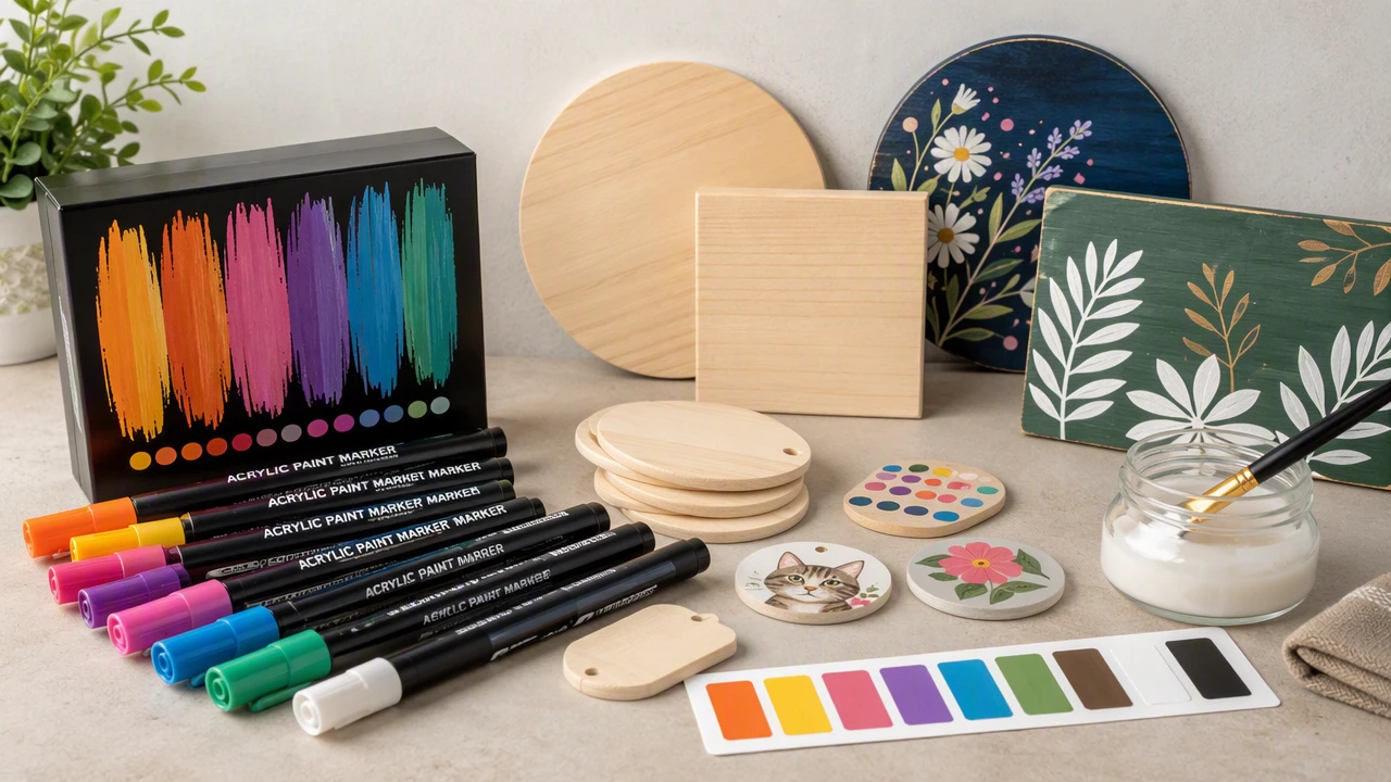 Acrylic paint markers on wood craft samples with sealer test pieces