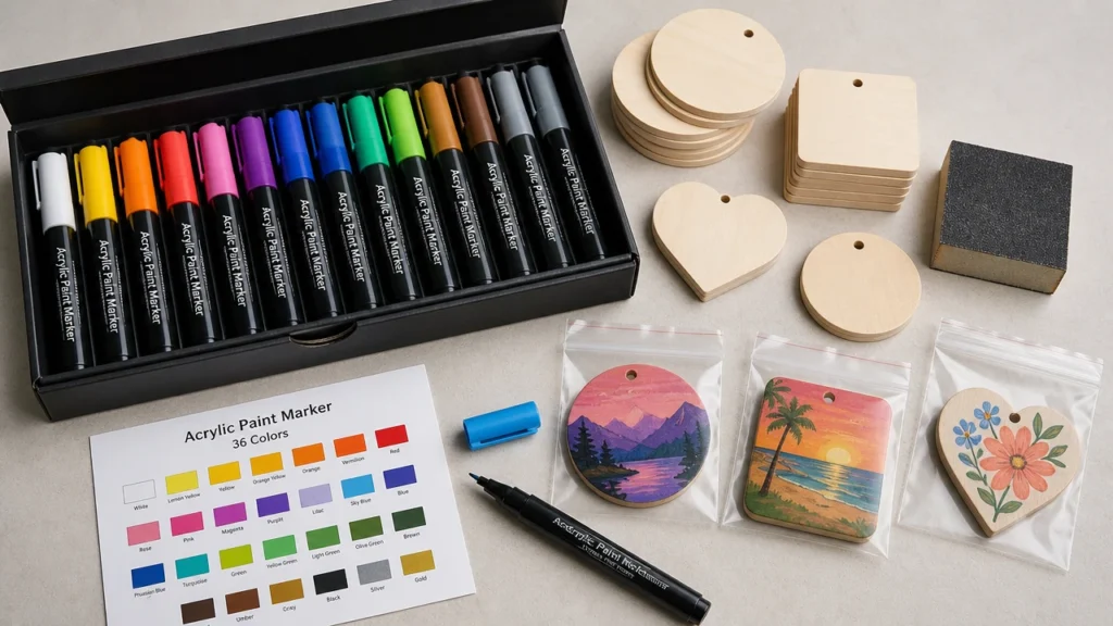 Acrylic paint markers on wood craft samples with sealer test pieces