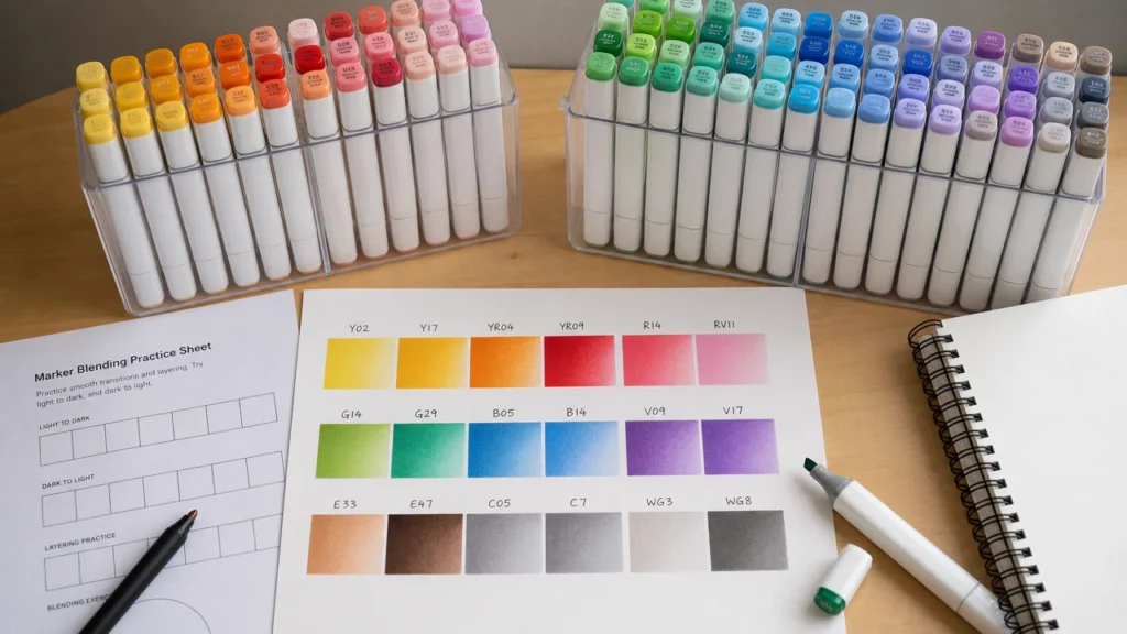 Alcohol marker beginner blending setup with marker paper and color families