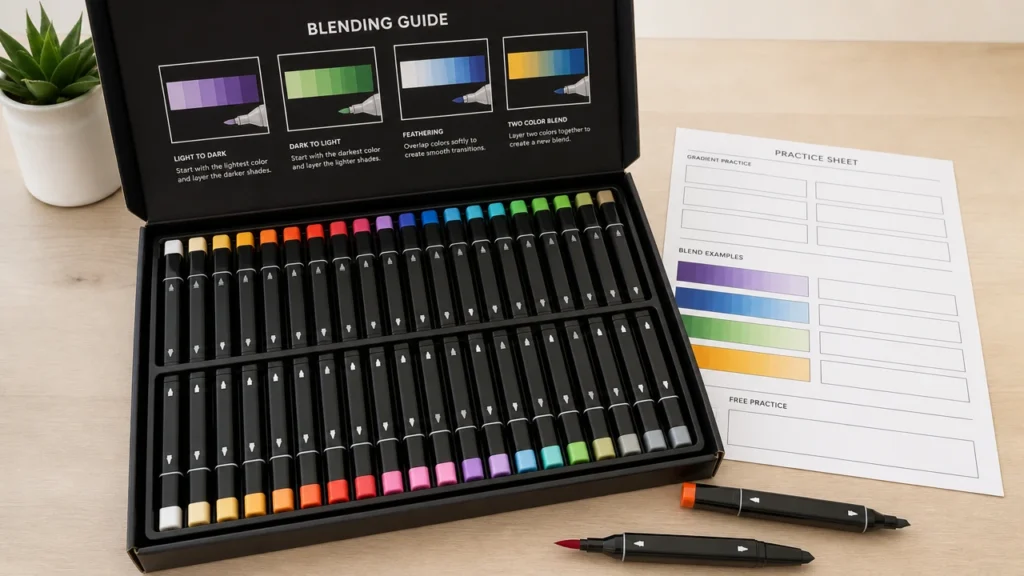 Beginner alcohol marker practice sheet included in a retail marker kit
