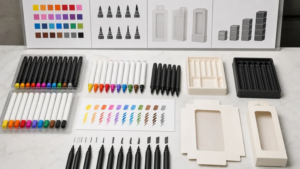 Custom marker pen set OEM planning with colors tips and packaging