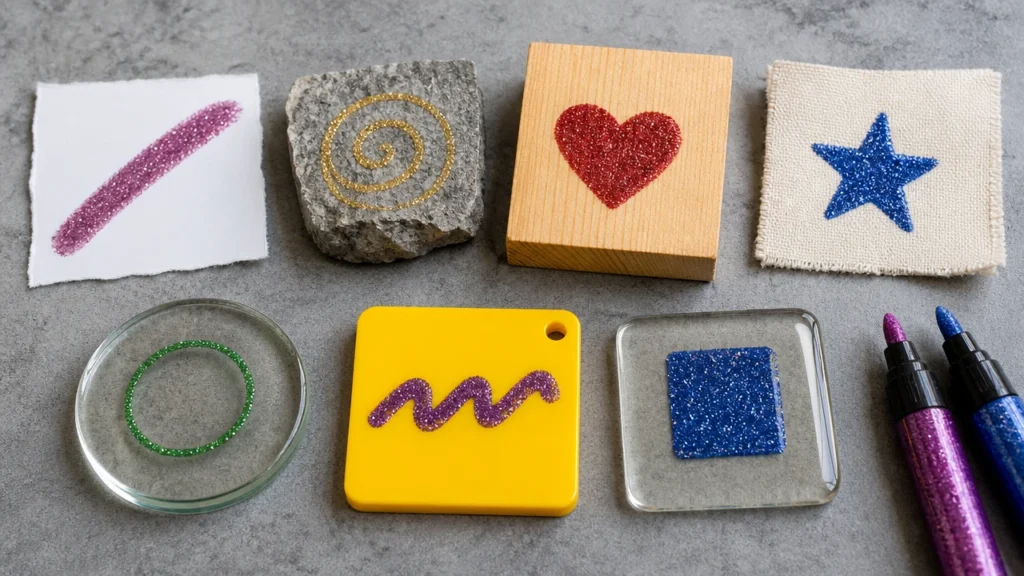 Glitter marker swatches on paper rock wood canvas glass and plastic