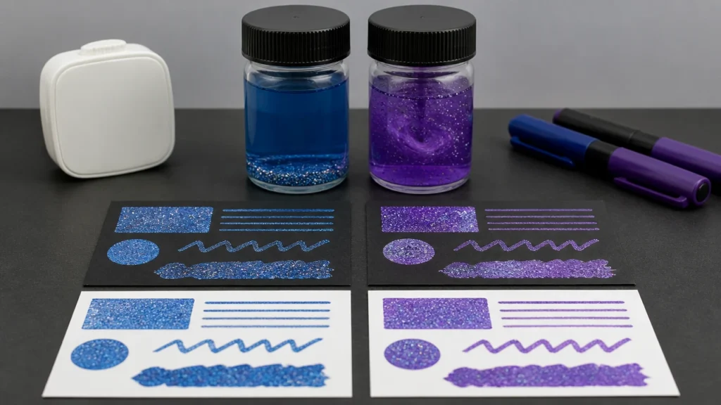 Glitter marker particle suspension and completed swatch comparison