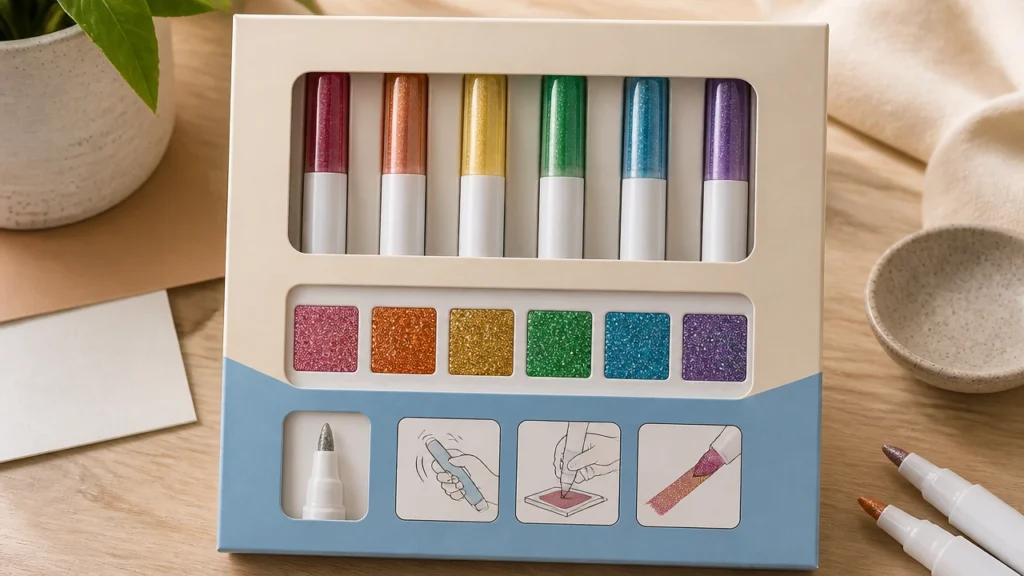 Glitter marker retail packaging with icon-only use sequence