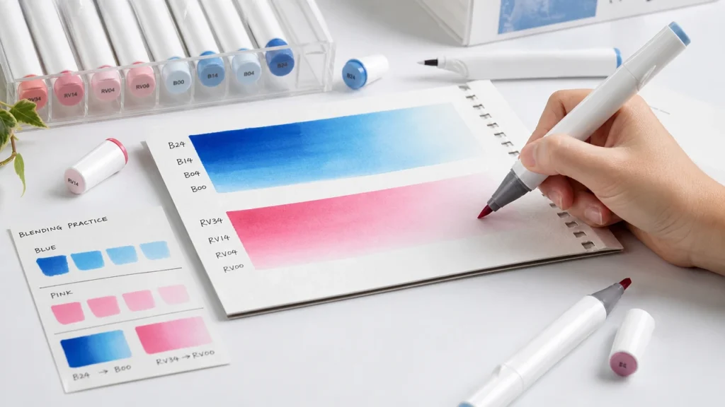 Beginner alcohol marker blending practice with smooth color gradients