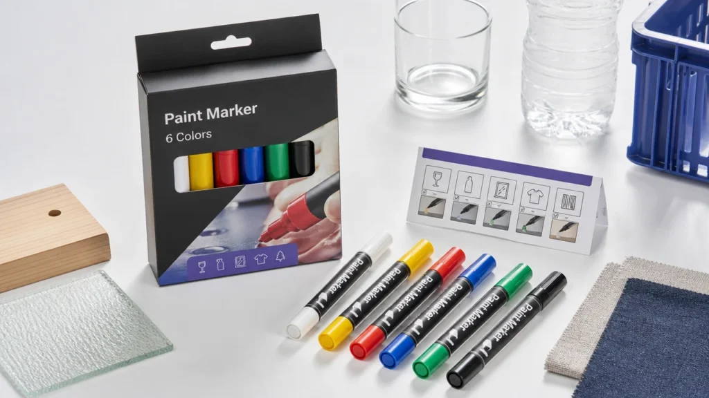 Paint marker packaging instruction card with surface test icons
