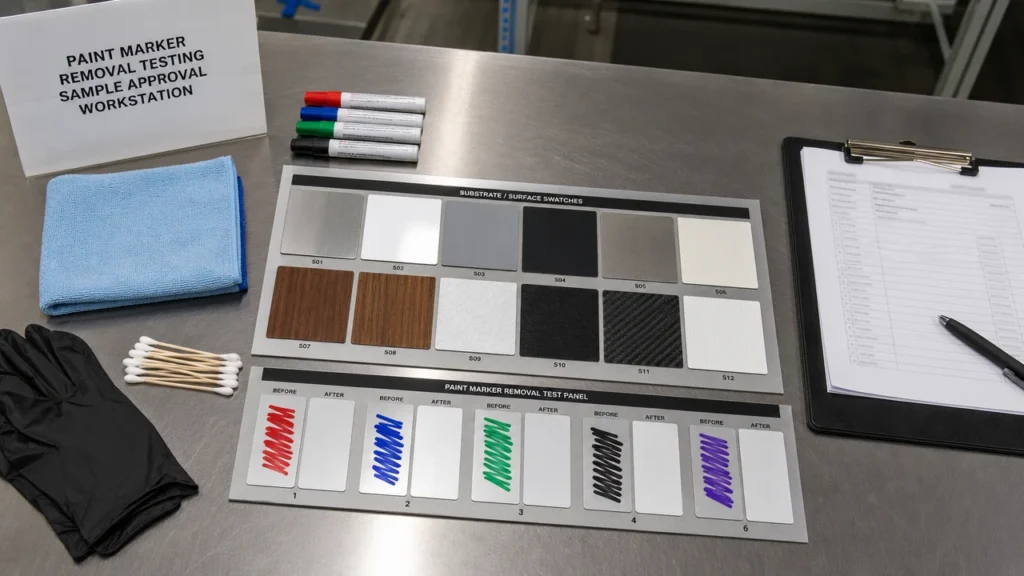 Paint marker removal sample approval checklist with surface swatches