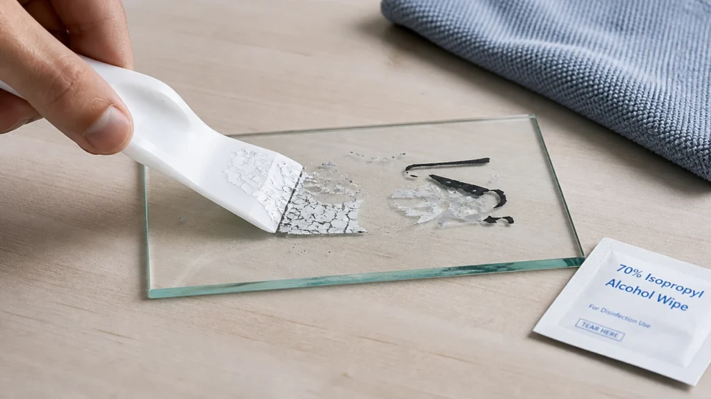 Plastic scraper removing paint marker from plain glass