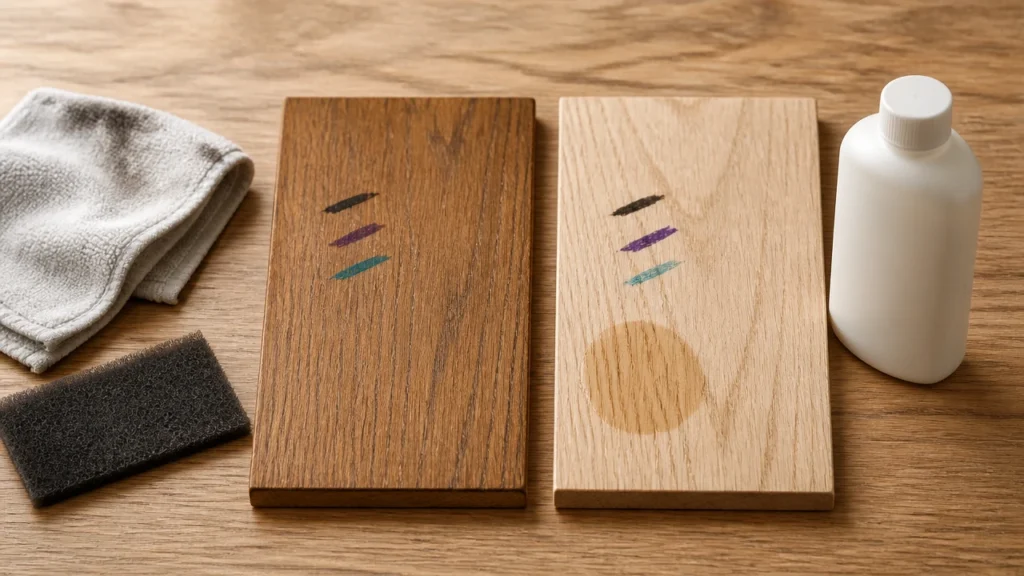 Paint marker removal comparison on sealed and unfinished wood