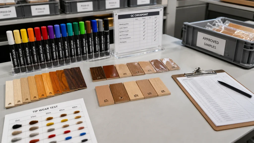Supplier QC swatch board for acrylic paint markers on wood