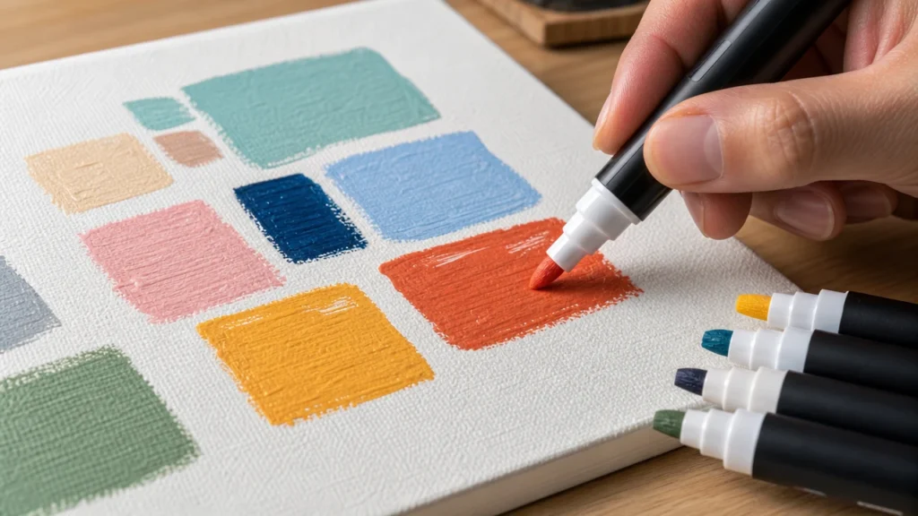Light layering process for acrylic paint markers on canvas