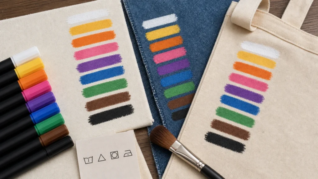 Acrylic paint marker samples on cotton canvas denim and tote fabric