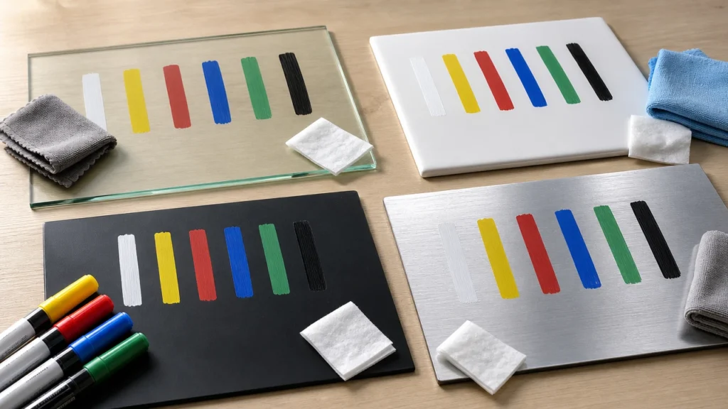 Acrylic marker adhesion samples on glass ceramic plastic and metal