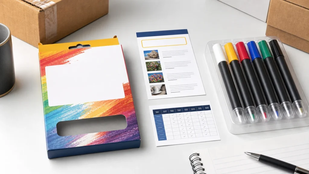 Acrylic marker packaging with surface use instruction card and safety label area