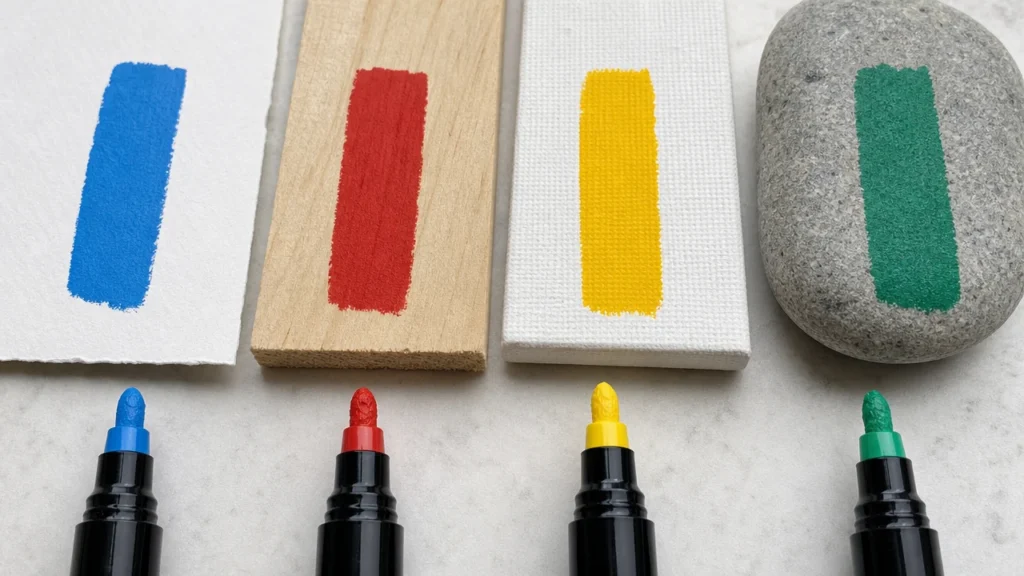 Acrylic paint marker strokes on paper wood canvas and stone samples