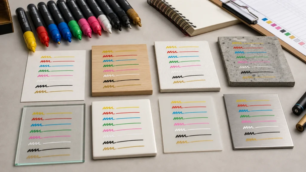 Acrylic paint marker surface guide with sample materials on a clean testing desk

