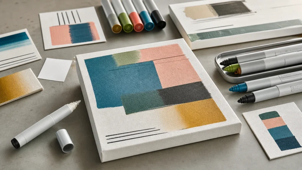 Acrylic paint markers used on primed canvas with layered color samples