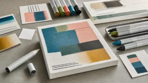 Acrylic paint markers used on primed canvas with layered color samples