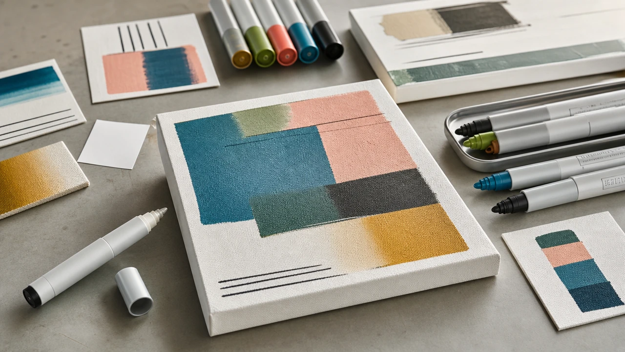 Acrylic paint markers used on primed canvas with layered color samples