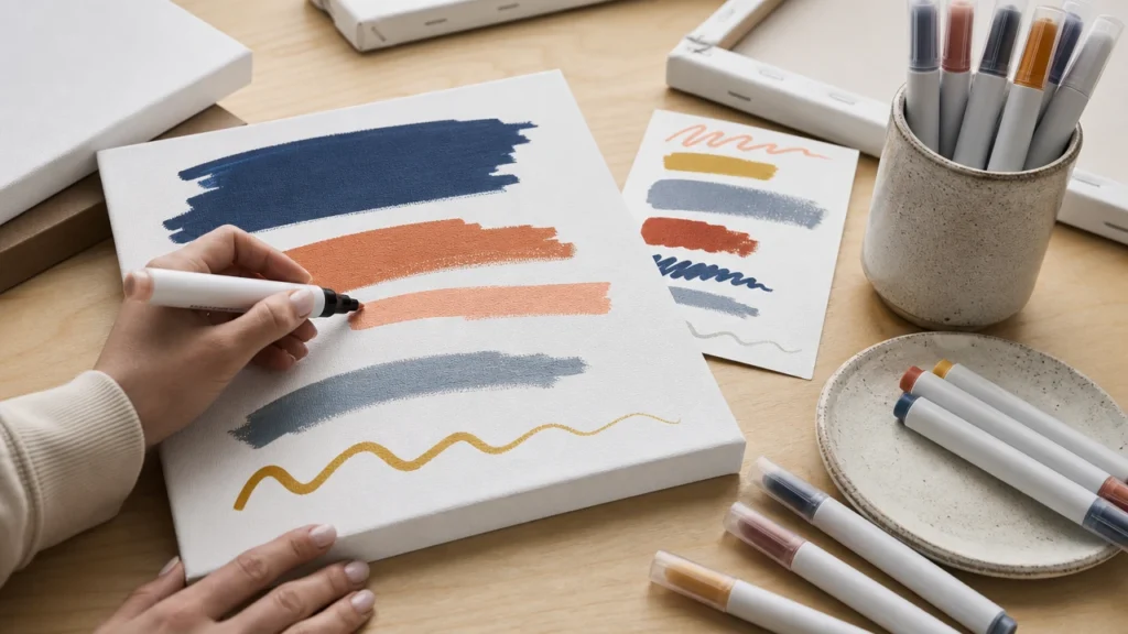 Acrylic paint markers on canvas layering desk with color samples