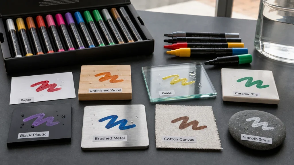 Acrylic paint markers tested on glass wood metal fabric ceramic and stone surfaces