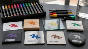 Acrylic paint markers tested on glass wood metal fabric ceramic and stone surfaces