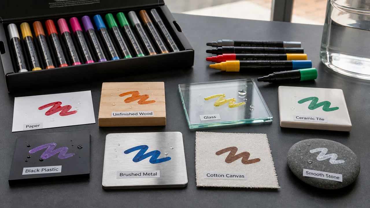 Acrylic paint markers tested on glass wood metal fabric ceramic and stone surfaces