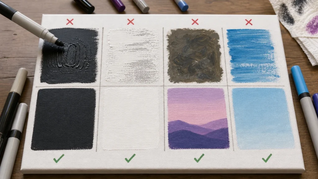 Common acrylic marker mistakes on canvas with corrected samples