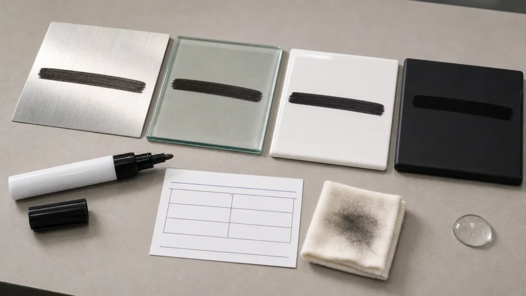 Oil-based paint marker durability test on metal glass ceramic and plastic