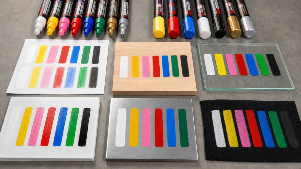 Paint marker surface application comparison on paper wood glass plastic and metal