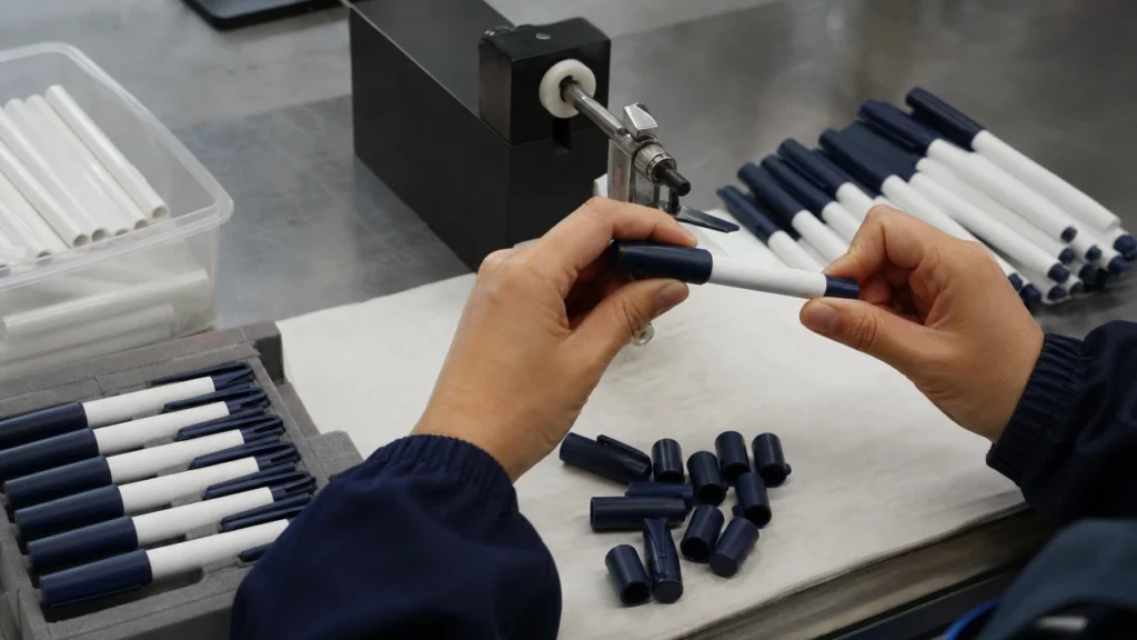 Pen cap retention and barrel fit testing after mold trial