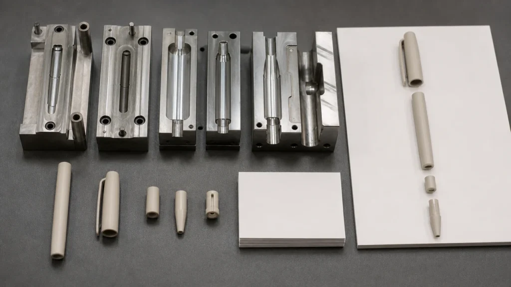 Pen barrel cap grip and internal components prepared for mold design review