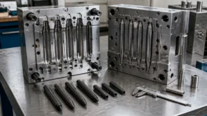 Pen injection mold components and inspection tools on a mold factory workbench