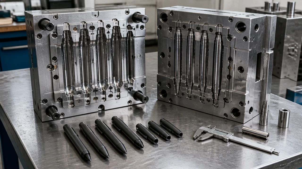 Pen injection mold components and inspection tools on a mold factory workbench