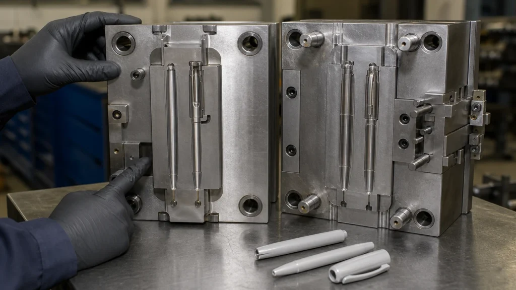 Pen mold gate parting line and ejection inspection