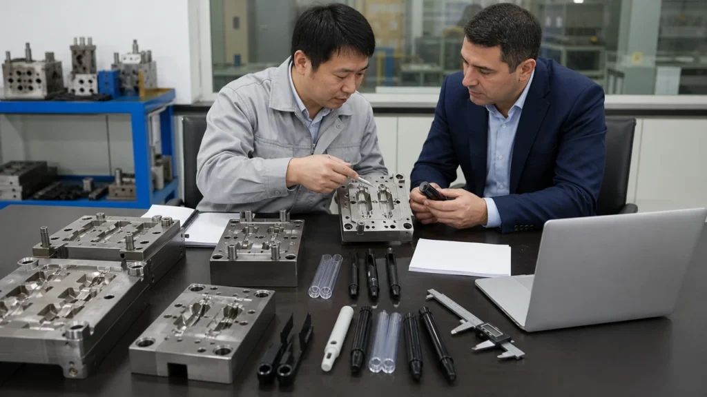 Buyer and mold engineer reviewing pen tooling samples and quotation materials