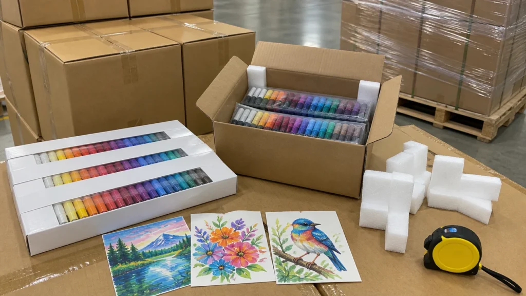 Export buyer comparing paint marker samples from multiple factories