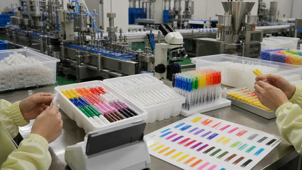 Marker factory production line and quality inspection samples