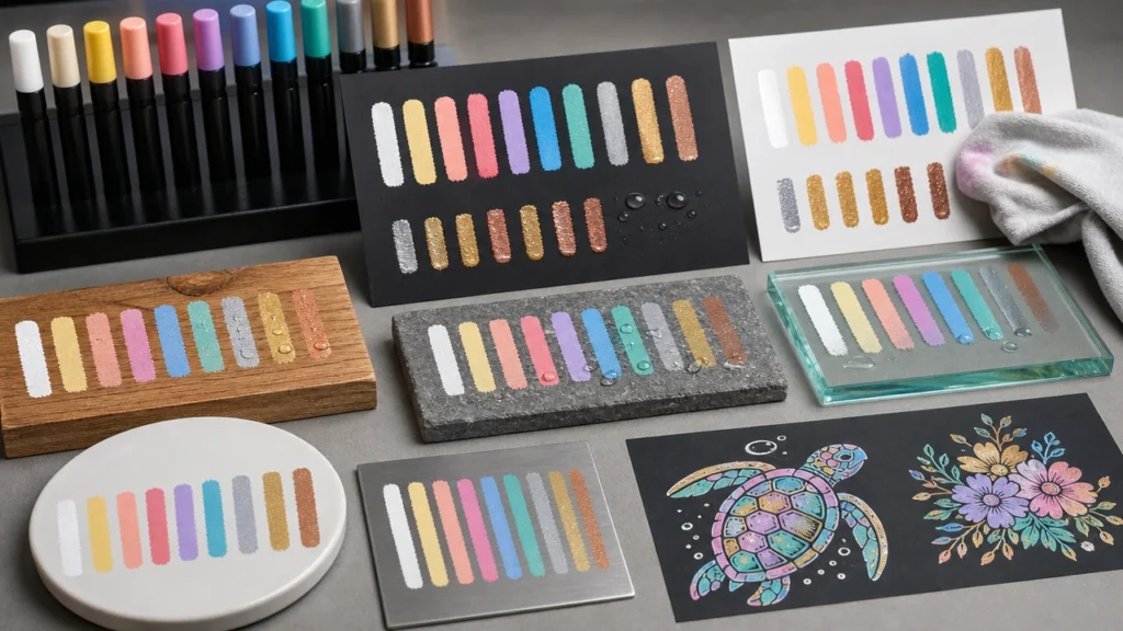 Paint marker ink coverage and adhesion tests on multiple surfaces