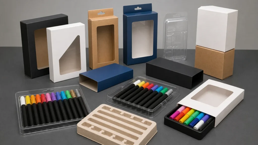 Unprinted private label paint marker packaging samples prepared for export