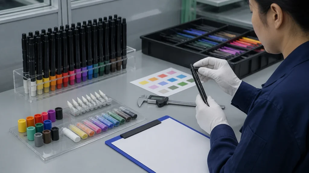 Quality control inspection of acrylic paint marker components and finished units