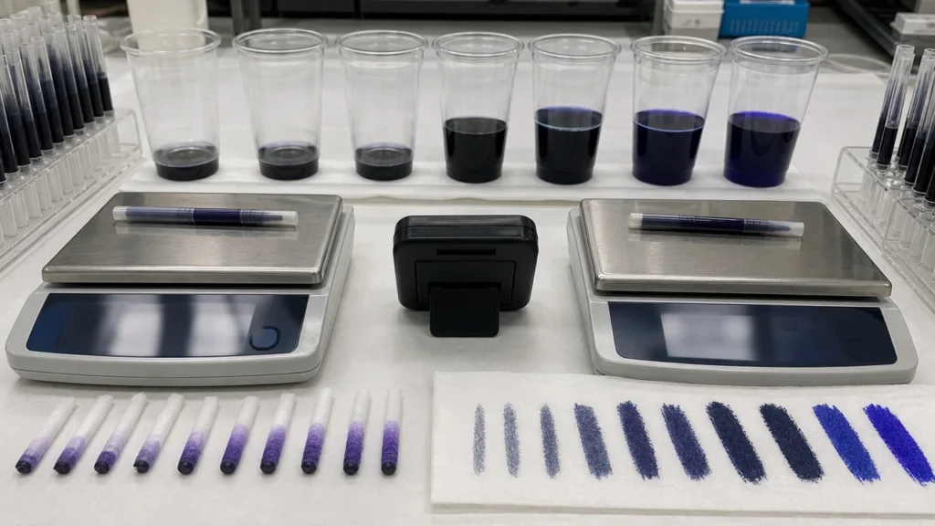 Roll-wrapped pen core and fibre nib compatibility inspection
