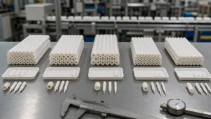Roll-wrapped pen cores and fibre tips arranged for a China supplier comparison